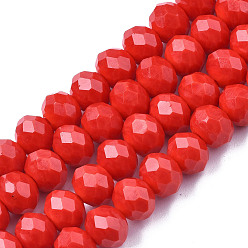 Rouge Perles de verre opaques de couleur unie, facette, rondelle, rouge, 2.3~2.7x1.5mm, Trou: 0.4mm, Environ 150~160 pcs/chapelet, 11.42~12.2 pouce (29~31 cm)