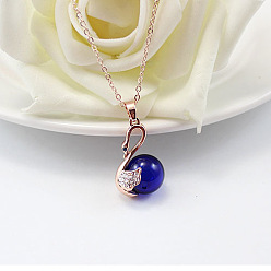 Dark Red Swan with Glass Ball Perfume Bottle Necklace with Brass Chains for Women, Rose Gold, Dark Red, 19.69 inch(50cm)
