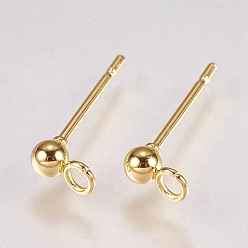 Real 18K Gold Plated 202 Stainless Steel Stud Earring Findings, with 304 Stainless Steel Pins and Loop, Real 18K Gold Plated, 14x6mm, Hole: 1.6mm, Ball: 3mm, Pin: 0.8mm