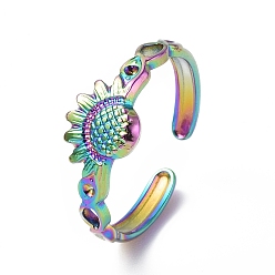 Rainbow Color 304 Stainless Steel Open Cuff Ring Finding, Ring Settings, Sunflower, Rainbow Color, US Size 7 1/4(17.5mm), Fit for 1mm