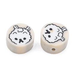 Blanched Almond Handmade Polymer Clay Beads, Flat Round with Dog Pattern, Blanched Almond, 9x5mm, Hole: 1.5mm