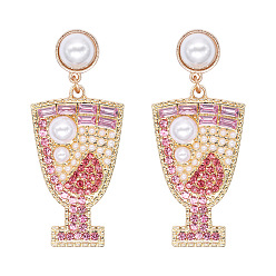 Pink Chic Summer Pearl and Rhinestone Cup Earrings for Women - Fashionable Alloy Ear Studs with Atmospheric Style