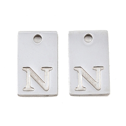Letter N 304 Stainless Steel Pendants, Rectangle with Letter Charms, Stainless Steel Color, Letter N, 16x10x1.4mm, Hole: 1.8mm