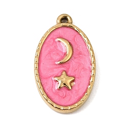 Hot Pink 303 Stainless Steel Enamel Pendants, Oval with Moon Star Charms, Ion Plating(IP), Golden, Hot Pink, 22.5x13x2.5mm, Hole: 1.2mm