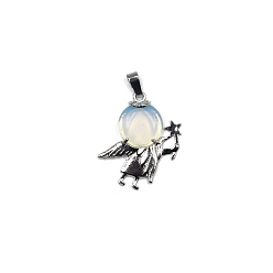 Opalite Opalite Pendants, Antique Silver Plated Alloy Angel Charms, 36x28mm