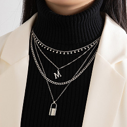 23097-silver Multi-layered Hip-hop Lock Collarbone Necklace for Women - Unique Design Decorative Sweater Chain with Four Layers