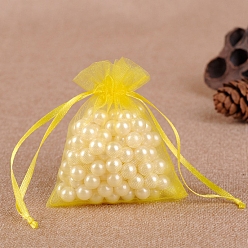 Yellow Organza Jewellery Storage Pouches, Wedding Favour Party Mesh Drawstring Gift Bags, Rectangle, Yellow, 7x5cm