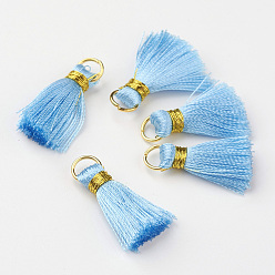 Sky Blue Nylon Tassel Pendant Decoration, with Brass Findings, Golden, Sky Blue, 23~27x5mm, Hole: 4mm