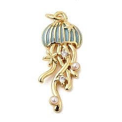 Темно-Голубой Латунь эмаль подвески, с пластмассовой жемчужиной abs, с прыжковых колец, стойки покрытие, медуза, реальный 18 k позолоченный, глубокое синее небо, 27x10.5x3 мм