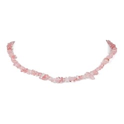 Cherry Quartz Glass Synthetic Cherry Quartz Glass Chip Beaded Necklace, Stainless Steel Color, 15.94~15.98 inch(40.5~40.6cm)
