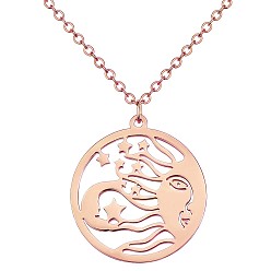 Rose Gold Titanium Steel Celestial Sun Moon and Star Pendant Necklace, Lucky Motif Amulet Necklace, Flat Round Hollow Necklace Jewelry Gift for Women, Rose Gold, 17.72 inch(45cm)