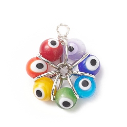 Silver 7 Chakra Handmade Evil Eye Lampwork Pendants, Copper Wire Wrapped Charms, Silver, 29.5x25x10mm, Hole: 2.8mm