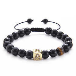A-Black Agate Bracelet Square Gemstone Letter Bracelet with Natural Agate and Tiger Eye Beads - A to Z Alphabet Design