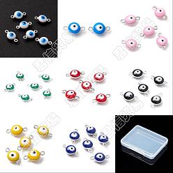 Mixed Color SUPERFINDINGS 48Pcs 8 Colors 925 Sterling Silver Plated Brass Enamel Connector Charms, Flat Round with Evil Eye, Mixed Color, 12x6.5x4mm, Hole: 1mm, 6pcs/color