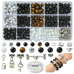 Black DIY Couple Bracelet Making Kit, Including Natural & Synthetic Mixed Gemstone & Glass Round Beads, Alloy Heart Magnetic Clasps, Skeleton Key & Lock Plastic Pendants, Black, 421Pcs/set