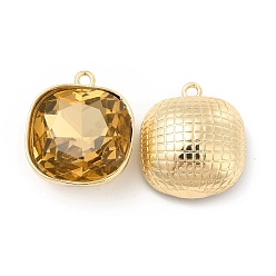 Light Topaz K9 Glass Pendants, with Light Gold Brass Finding, Square Charms, Light Topaz, 20x17.5x8.5mm, Hole: 1.6mm