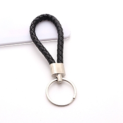 Black Handwoven Imitation Leather Keychain, with Metal Car Key Ring Chain Accessories Gift for Men and Women, Black, 122x30mm