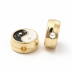Golden Alloy Enamel Beads, Flat Round with Yin Yang, Golden, 8.5x3.5mm, Hole: 1mm