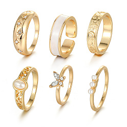 Golden Star & Butterfly & Oval Rhinestone Finger Rings Set with Imitation Pearl Beaded, Alloy Enamel Stackable Rings for Women, Golden, Inner Diameter: 16~18mm, 6Pcs/set