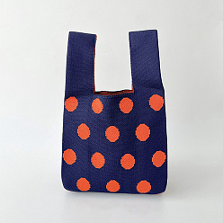 Midnight Blue Polyester Polka Dot Knitted Tote Bags, Cartoon Crochet Handbags for Women, Midnight Blue, 36x20cm