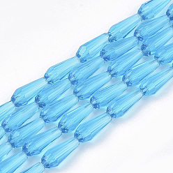 Light Sky Blue Transparent Glass Beads Strands, Faceted, Teardrop, Light Sky Blue, 9~10x4mm, Hole: 1mm, about 72pcs/Strand, 26.38~27.17 inch(67~69cm)
