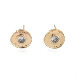 Real 18K Gold Plated Brass Clear Cubic Zirconia Stud Earring Findings, with Vertical Loops, Flat Round, Real 18K Gold Plated, 10.9x11mm, Hole: 1.4mm, Pin: 0.8mm