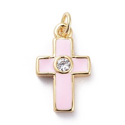 Pink Cubic Zirconia Tiny Cross Charms, with Brass Findings and Enamel, Golden, Pink, 15x9x2.5mm, Hole: 1.8mm