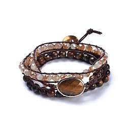 Tiger Eye Three Loops Natural Tiger Eye Beads Wrap Bracelets, with Cowhide Leather Cord, Faceted Electroplate Glass Beads and Brass Button Clasps, with Burlap Packing Pouches Drawstring Bags, Golden , 22 inch~22.4 inch(56~57cm)