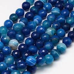 Marine Blue Natural Stripe Agate Beads Strands, Faceted, Dyed, Round, Marine Blue, 10mm, Hole: 1.2mm, about 38pcs/strand, 15 inch