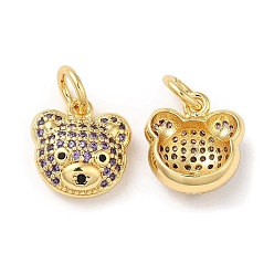 Lilac Brass Pendants, with Cubic Zirconia, Lead Free & Cadmium Free, Bear Charms, Real 18K Gold Plated, Lilac, 12.5x12x5mm, Hole: 4mm