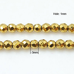 Gold Non-Magnetic Synthetic Hematite Beads Strands, Round, Golden Plated, 3mm, Hole: 1mm, about 130pcs/stand, 16 inch