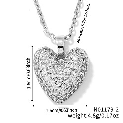 Платина Элегантное романтическое ожерелье с подвеской в виде сердца из латуни с микропаве из прозрачных кубических цирконий для женщин, с кабельным цепи, платина, 15.75 дюйм (40 см)