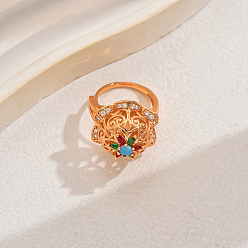 Разноцветный Роскошные винтажные полые цветочные латунные кубические циркониевые регулируемые кольца для женщин, золотые, красочный, внутренний диаметр: 16~18 мм