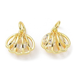 Настоящее золото 18K Подвески из латуни с покрытием из прозрачного кубического циркония, долговечный, без кадмия и без свинца, с прыжковых колец, формы раковины, реальный 18 k позолоченный, 12.5x12.5x7 мм, отверстие : 4 мм