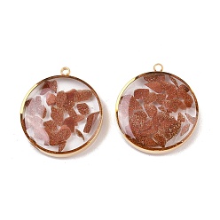 Сиена 304 подвески из нержавеющей стали, плоский круг с эпоксидной смолой и синтетическим авантюрином, вакуумное покрытие pvd, реальный 18 k позолоченный, цвет охры, 22x20x5~5.5 мм, отверстие : 1.6 мм