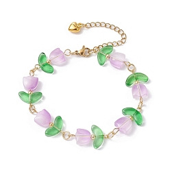 Lilac Glass Tulip Flower Beaded Bracelet with 304 Stainless Steel Clasps, Lilac, 7-5/8 inch(19.5cm)