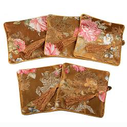 Camel Retro Square Cloth Zipper Pouches, with Tassel and  Flower Pattern, Camel, 11.5x11.5cm