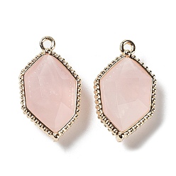 Rose Quartz Natural Rose Quartz Pendants, Faceted Hexagon Charms with Rack Plating Golden Plated Brass Edge Loops, 22.5x13x6.5~7mm, Hole: 1.5~1.6mm