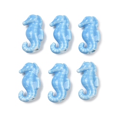 Небесно-голубой Фарфоровые бусины ручной работы, морской конек, яркие глазированный фарфор, голубой, 18~19x9.5~10x6 мм, отверстие : 2 мм