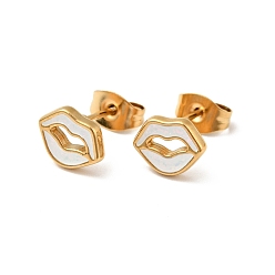 White Enamel Lip Stud Earrings with 316 Surgical Stainless Steel Pins, Gold Plated 304 Stainless Steel Jewelry for Women, White, 7x8.5mm, Pin: 0.8mm