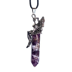 Amethyst Natural Amethyst Pointed Faceted Bullet Big Pendants, Butterfly Angel Charms, with Platinum Tone Alloy Findings, 68x36x13mm