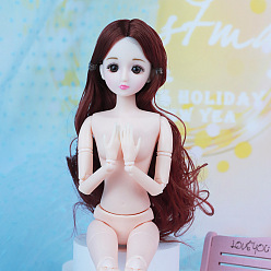 Dark Brown Plastic Movable Joints Action Figure Body, with Head & Long Curly Hairstyle, for Female BJD Doll Accessories Marking, Dark Brown, 300mm
