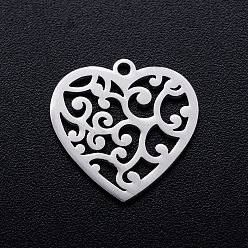 Stainless Steel Color 201 Stainless Steel Pendants, Heart with Cirrus, Stainless Steel Color, 15.5x15.5x1mm, Hole: 1.2mm