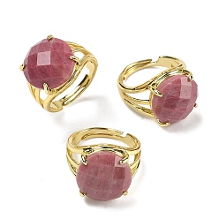 Родонит Латунные манжеты с открытыми кольцами, с природным родонитом, круглые, граненые, стойки покрытие, долговечный, золотые, 18 мм