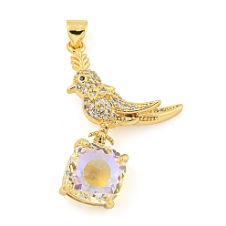 Clear AB Rack Plating Brass Micro Pave Clear Cubic Zirconia Pendants, with Glass, Long-Lasting Plated, Cadmium Free & Lead Free, Real 18K Gold Plated, Bird Charms, Clear AB, 32x20x6mm, Hole: 4x3.5mm
