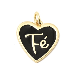 Черный Латунь эмаль подвески, сердце со словом fe подвески, без свинца и без кадмия, долговечный, реальный 18 k позолоченный, чёрные, 16.5x15.5x2 мм, Перейти кольцо: 5x1 мм, внутренний диаметр: 3 мм