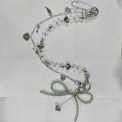 Платина Латунные цепочки и акриловые бусины двухслойные декоративные цепочки-банты для сумочки, с поворотными застежками из сплава и железной брошью, платина, 452 мм