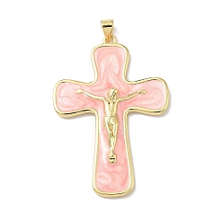 Pink Латунь эмаль подвески, крест прелести, долговечный, без кадмия и без свинца, стойки покрытие, реальный 18 k позолоченный, розовые, 46x31x5 мм, отверстие : 3.5x5 мм