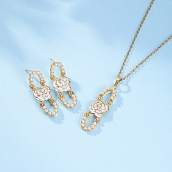 White Plastic Beaded Oval with Flower Jewelry Set, Golden Alloy Dangle Stud Earrings & Pendant Necklace, White, Necklaces: 450mm, Earring: 35x12mm