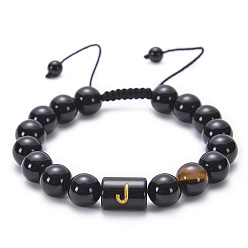 J Natural Black Agate Beaded Bracelet Adjustable Women's Handmade Alphabet Stone Strand Jewelry
